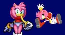 Rule 34 | 1girl, amy rose, animal ears, arm up, bare shoulders, between fingers, blue background, body fur, boots, breasts, cameltoe, card, card between fingers, cleft of venus, dress, female focus, full body, gloves, green eyes, grin, hairband, happy, holding, holding card, jumping, knee boots, looking at viewer, medium breasts, multiple views, outstretched arms, panties, pantyshot, pink fur, pink hair, pixel art, red dress, red footwear, red hairband, rockthebull, short dress, short hair, sidelocks, sideways mouth, simple background, sleeveless, sleeveless dress, smile, sonic (series), standing, teeth, thighs, underwear, upskirt, white gloves, white panties