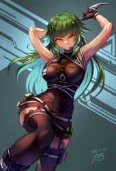 Rule 34 | 1girl, armpits, arms behind head, bare shoulders, black gloves, black skirt, black thighhighs, bodysuit, boots, breasts, brown bodysuit, bustier, dagger, gloves, green hair, grin, headset, highres, holster, interface headset, juunishi aya, kitakoji hisui, kitakoji hisui (2nd costume), knife, large breasts, looking at viewer, nijisanji, official alternate costume, orange eyes, pouch, see-through, skirt, smile, solo, thigh holster, thigh strap, thighhighs, virtual youtuber, weapon