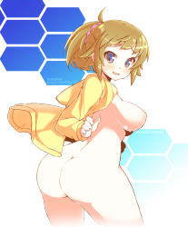 Rule 34 | 10s, 1girl, ass, blue eyes, blush, breasts, brown hair, crazy developers, gundam, gundam build fighters, gundam build fighters try, hoshino fumina, jacket, large breasts, looking back, nipples, nude, ponytail, scrunchie, sidelocks, solo