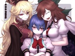 Rule 34 | 3girls, black dress, black wings, blonde hair, blue hair, blush, breast envy, breast rest, breasts, brown hair, chinese clothes, closed eyes, crossed arms, dress, full-face blush, girl sandwich, grey background, grin, hair ribbon, hat, hinanawi tenshi, image sample, junko (touhou), long hair, long sleeves, looking at another, miata (miata8674), multiple girls, no headwear, open mouth, puffy sleeves, red eyes, reiuji utsuho, resolution mismatch, ribbon, sandwiched, shirt, short sleeves, simple background, small breasts, smile, source larger, sweatdrop, tabard, third eye, touhou, turtleneck, upper body, wavy mouth, wings