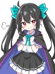 Rule 34 | 1girl, ahoge, aqua bow, aqua ribbon, black cape, black hair, black skirt, blush, bow, cape, clenched hands, closed mouth, collared shirt, commentary request, cowboy shot, dot mouth, double-parted bangs, gloves, hair between eyes, hair intakes, hair ribbon, hands up, head tilt, highres, hood, hood down, hooded cape, kotatsu-mazoku, layered skirt, long hair, looking at viewer, miniskirt, original, pleated skirt, puff of air, red eyes, ribbon, shirt, shirt tucked in, short sleeves, sidelocks, simple background, skirt, smile, smug, solo, split mouth, twintails, v-shaped eyebrows, very long hair, white background, white gloves, white shirt, white skirt