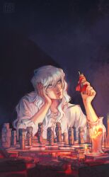 Rule 34 | 1boy, absurdres, berserk, blood, blue eyes, board game, candle, cape, chess, chess piece, chessboard, commentary, griffith (berserk), guts (berserk), hair between eyes, hand on own face, hand on own head, highres, holding, holding chess piece, long hair, notfate221, red cape, shirt, sword, symbolism, weapon, weapon on back, white hair, white shirt