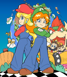 Rule 34 | 2girls, 3boys, back-to-back, blonde hair, blue eyes, bowser, bracelet, checkered floor, cloud, cosplay, costume switch, crossed arms, dolphin, dolphin (mario), earrings, facial hair, flying, glasses, gloves, hat, horns, island, jewelry, junnosu, koopa troopa, lakitu, long hair, luigi, luigi (cosplay), mario, mario (cosplay), mario (series), multiple boys, multiple girls, mustache, nintendo, open mouth, orange hair, overalls, planet, princess daisy, princess daisy (cosplay), princess peach, princess peach (cosplay), red eyes, red hair, short hair, sphere earrings, spiked bracelet, spikes, spiny, super koopa, super mario rpg, super mario world, sweatdrop, white gloves, wiggler