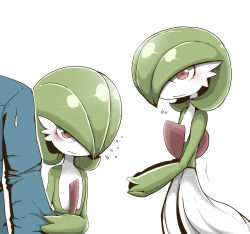 Rule 34 | 1boy, blush, clothes grab, creatures (company), flat chest, flying sweatdrops, game freak, gardevoir, gen 3 pokemon, green hair, hair over one eye, highres, looking at another, looking at viewer, looking to the side, multiple views, nintendo, o o, pokemon, pokemon (creature), red eyes, short hair, simple background, sleeve grab, standing, sweat, tazonotanbo, tsundere, wavy mouth, white background