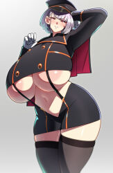 Rule 34 | 1girl, absurdres, areola slip, black thighhighs, blush, breasts, buttons, cape, clothing cutout, cowboy shot, curvy, double-breasted, gigantic breasts, gloves, grey hair, hat, highres, huge areolae, konoshige (ryuun), looking at viewer, military, military officer (konoshige), military uniform, miniskirt, navel, no bra, original, parted lips, peaked cap, pencil skirt, pink eyes, pussy juice, revealing clothes, sagging breasts, shiny clothes, shiny skin, short cape, short hair, sidelocks, simple background, skindentation, skirt, smile, solo, standing, suspenders, thick thighs, thighhighs, thighs, underboob, underboob cutout, uniform, white gloves, wide hips