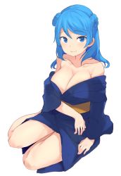 Rule 34 | 10s, 1girl, architecture, bare shoulders, blue eyes, blue hair, blue kimono, blush, breasts, cleavage, closed mouth, collarbone, double bun, highres, japanese clothes, kantai collection, kimono, kneeling, large breasts, long hair, long sleeves, looking at viewer, obi, off shoulder, sash, senbei (senbe i), simple background, sitting, smile, solo, urakaze (kancolle), white background, wide sleeves