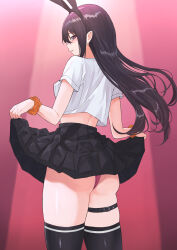 Rule 34 | 1girl, absurdres, animal ears, belt, black hair, black hairband, black skirt, black thighhighs, clothes lift, commentary request, cropped shirt, fake animal ears, from behind, hair flowing over, hairband, highres, long hair, looking at viewer, miniskirt, orange scrunchie, original, panties, panty peek, parted lips, pink panties, pleated skirt, pointy ears, purple eyes, rabbit ears, scrunchie, shirt, short sleeves, sidelocks, skirt, skirt lift, solo, sozoremi, standing, thigh belt, thigh strap, thighhighs, underwear, upper body, white shirt, wrist scrunchie