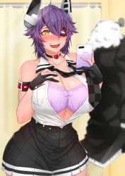 Rule 34 | 1girl, black gloves, blush, bra, breasts, cellphone, chanary, checkered clothes, checkered necktie, checkered neckwear, cowboy shot, eyepatch, fitting room, gloves, hand on breast, headgear, holding, holding phone, kantai collection, large breasts, necktie, open clothes, open mouth, open shirt, partially fingerless gloves, phone, purple bra, purple hair, school uniform, shirt, short hair, sleeveless, smartphone, solo, tenryuu (kancolle), underwear, white shirt, yellow eyes