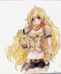 Rule 34 | 1girl, blonde hair, breasts, cleavage, highres, large breasts, long hair, rwby, seseyakii, smile, solo, yang xiao long