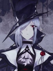 Rule 34 | 1girl, arknights, ascot, bare shoulders, black blood, black dress, black headwear, blood, colored blood, commentary request, dress, expressionless, gladiia (arknights), goth fashion, hair over one eye, hat, high collar, highres, looking at viewer, pointy ears, pointy hat, red eyes, silver hair, simple background, uki wa, upper body, white ascot