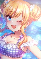 Rule 34 | 1girl, :d, ;d, bare shoulders, bikini, blonde hair, blue eyes, blue nails, blush, breasts, cherry earrings, cleavage, collarbone, commentary request, double bun, earrings, food-themed earrings, food themed earrings, frills, hair bun, hand up, highres, idolmaster, idolmaster cinderella girls, jewelry, komari mhy, looking at viewer, medium breasts, nail polish, ohtsuki yui, one eye closed, open mouth, plaid, plaid bikini, smile, solo, swimsuit, upper body, water