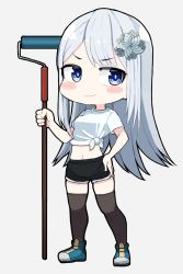 Rule 34 | 1girl, alternate costume, ban hada, black thighhighs, blue eyes, blue footwear, breasts, chibi, highres, holding, korean commentary, long hair, looking to the side, medium breasts, midriff, navel, nijisanji, nijisanji kr, paint roller, shirt, shoes, silver hair, sizeaton, smile, sneakers, solo, thighhighs, tied shirt, v-shaped eyebrows, virtual youtuber, white shirt