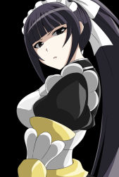 Rule 34 | 1girl, armor, black background, black eyes, black hair, high ponytail, highres, long hair, looking back, maid, maid headdress, narberal gamma, overlord (maruyama), parted lips, simple background, solo, upper body, zetsuei (zetto)