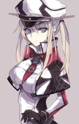 Rule 34 | 10s, 1girl, aosaki yukina, bad id, bad twitter id, black gloves, blonde hair, breasts, gloves, graf zeppelin (kancolle), grey background, hat, kantai collection, large breasts, long hair, military hat, necktie, purple eyes, simple background, solo, twintails