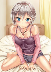 Rule 34 | 10s, 1girl, anastasia (idolmaster), barefoot, bed, blue eyes, blush, breasts, camisole, camisole over clothes, curtains, earrings, feet, idolmaster, idolmaster cinderella girls, jewelry, kisugi akira, looking at viewer, necklace, on bed, parted lips, short hair, silver hair, sitting, solo, sweat, tsurime, wariza