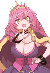 Rule 34 | 1girl, :d, blush, breasts, brown cape, cape, cleavage, crown, dress, hand on own hip, head tilt, large breasts, long hair, looking at viewer, oda nobunaga (sengoku collection), open mouth, pink hair, pointy ears, purple dress, sengoku collection, simple background, smile, solo, sumiyao (amam), underbust, white background