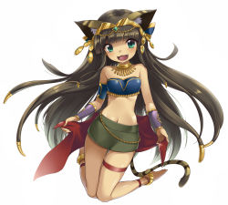 Rule 34 | 1girl, :3, animal ears, anklet, bad id, bad pixiv id, bandeau, bare shoulders, barefoot, bastet (p&amp;d), brown hair, cat ears, cat tail, fang, full body, gauntlets, green eyes, hair ornament, jewelry, kneeling, long hair, looking at viewer, lots of jewelry, midriff, narumizg, navel, necklace, open mouth, puzzle &amp; dragons, sash, shiny skin, simple background, skindentation, skirt, smile, solo, strapless, tail, thigh gap, thighlet, tube top, very long hair, white background