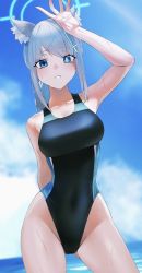 Rule 34 | 1girl, animal ear fluff, animal ears, arm behind back, black one-piece swimsuit, blue archive, blue eyes, breasts, cross, halo, hand on own head, hand up, highleg, highleg swimsuit, highres, inverted cross, kazane-wind, looking at viewer, one-piece swimsuit, shiroko (blue archive), shiroko (swimsuit) (blue archive), skin tight, smile, solo, swimsuit, thighs, water, wet, white hair
