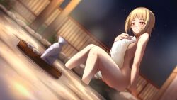 Rule 34 | 1girl, bamboo fence, bath, blonde hair, blush, breasts, brown eyes, choko (cup), closed mouth, commentary request, commission, covered erect nipples, covering privates, cup, dutch angle, fence, girls&#039; frontline, half-closed eyes, holding, holding towel, medium breasts, minami shin (zenshuu bougyo), mp40 (girls&#039; frontline), naked towel, night, night sky, nude cover, onsen, outdoors, petals, petals on liquid, rock, short hair, skeb commission, sky, smile, soaking feet, solo, steam, tokkuri, towel, water