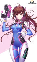 Rule 34 | &gt;:), 1girl, acronym, ahoge, akamu, animal print, artist name, blue bodysuit, bodysuit, breasts, brown eyes, brown hair, blowing bubbles, charm (object), clothes writing, copyright name, covered navel, cowboy shot, d.va (overwatch), diagonal stripes, facepaint, facial mark, finger on trigger, gloves, gradient background, gun, handgun, headphones, high collar, highres, long hair, looking at viewer, medium breasts, overwatch, overwatch 1, pilot suit, pink background, pink lips, pistol, rabbit print, ribbed bodysuit, shoulder pads, signature, skin tight, solo, striped, striped background, swept bangs, v-shaped eyebrows, weapon, whisker markings, white background, white gloves