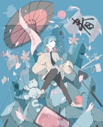 Rule 34 | 1girl, black necktie, black pants, blue background, blue eyes, blue hair, cloud, collared shirt, commentary request, crossed legs, falling petals, flag, from side, headphones, headphones around neck, highres, holding, holding umbrella, hood, hood down, hooded jacket, jacket, long bangs, long hair, long sleeves, looking at viewer, moon, necktie, no pupils, nocopyrightgirl, open clothes, open jacket, original, outdoors, pale skin, pants, parasol, petals, puffy sleeves, red headphones, red moon, rubble, shirt, shoes, sitting, solo, stuffed animal, stuffed toy, teddy bear, umbrella, white flag, white shirt, yellow footwear, yellow jacket