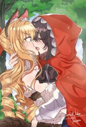 2girls animal_ear_hairband animal_ears artist_name blonde_hair blue_eyes blush brown_hair cape claire_francois closed_eyes commentary day drill_hair english_commentary fake_animal_ears hairband halloween hand_in_another&#039;s_hair hand_on_another&#039;s_waist highres imminent_kiss little_red_riding_hood long_hair looking_at_another multiple_girls off-shoulder_shirt off_shoulder outdoors rae_taylor red_cape shirt short_hair tree watashi_no_oshi_wa_akuyaku_reijou yoruneko_(liampadolina) yuri