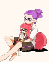 Rule 34 | 1boy, 1girl, amamiya yuumu, bad id, bad pixiv id, barefoot, blazer, commentary request, cup, dress shirt, glasses, holding, inkling, inkling boy, inkling girl, inkling player character, jacket, long hair, miniskirt, mug, necktie, nintendo, pink eyes, pink hair, pleated skirt, pointy ears, purple eyes, purple hair, school uniform, shirt, short hair, short hair with long locks, shorts, sigh, simple background, single vertical stripe, sitting, sitting on lap, sitting on person, skirt, splatoon (series), splatoon 1, squid, steam, stuffed animal, stuffed toy, sweater, tentacle hair, topknot, twintails, white background, white shirt