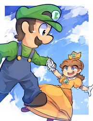Rule 34 | 1boy, 1girl, absurdres, blue eyes, brown hair, crown, day, dress, earrings, facial hair, flower earrings, gloves, grin, hat, highres, holding hands, jewelry, looking at another, luigi, mario (series), mustache, nintendo, orange dress, overalls, princess daisy, puffy short sleeves, puffy sleeves, short sleeves, smile, super mario bros. 1, super mario land