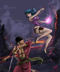 Rule 34 | 10s, 1boy, 1girl, 2013, abs, absurdres, bandana, battle, blue hair, breasts, dual wielding, ein (one piece), green hair, high heels, highres, holding, jeannette11, katana, knife, large breasts, long hair, lava, navel, one piece, one piece film: z, pouch, red eyes, roronoa zoro, sash, scar, sheath, sheathed, short hair, short shorts, short sword, shorts, signature, sword, tanto, tantou, watermark, weapon, web address