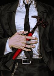 Rule 34 | 1boy, absurdres, belt, black background, black jacket, black necktie, black pants, chain, dorohedoro, formal, hammer, hand on own stomach, head out of frame, highres, jacket, jewelry, male focus, muscular, necktie, pants, ring, shin (dorohedoro), simple background, solo, stitched fingers, stitches, suit, upper body, volff