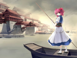 Rule 34 | 1girl, architecture, boat, city, east asian architecture, female focus, frills, hair bobbles, hair ornament, harbor, looking back, okobo, onozuka komachi, pink eyes, pink hair, pole, sandals, seo tatsuya, short hair, solo, touhou, twintails, two side up, water, watercraft