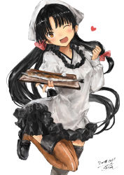 Rule 34 | 1girl, ahoge, apron, black hair, black skirt, blush, breasts, brown eyes, brown thighhighs, dated, fish, hadanugi dousa, hand up, head tilt, highres, holding, holding plate, japanese clothes, kantai collection, kappougi, kimono, leg up, long hair, looking at viewer, low-tied long hair, medium breasts, one eye closed, open clothes, open kimono, open mouth, plate, pleated skirt, saury, shouhou (kancolle), sidelocks, signature, simple background, skirt, smile, solo, thighhighs, toka (marchlizard), very long hair, white background