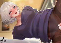 Rule 34 | 1girl, bed, blush, brown pantyhose, collarbone, frown, grey eyes, highres, indoors, infinote, open mouth, original, paid reward available, panties, panties under pantyhose, pantyhose, purple sweater, sashou mihiro, solo, standing, standing on one leg, sweater, teeth, tongue, underwear, upper teeth only, white hair, white panties