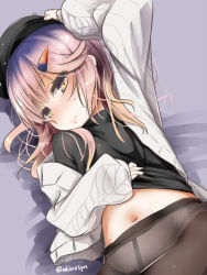 Rule 34 | 1girl, akino shuu, arm up, bed sheet, beret, black hat, black shirt, blush, brown hair, brown pantyhose, closed mouth, commentary request, gradient hair, hair ornament, hairclip, hand on headwear, hat, head tilt, jacket, kantai collection, long sleeves, lying, multicolored hair, navel, nose blush, off shoulder, on back, open clothes, open jacket, panties, panties under pantyhose, pantyhose, purple eyes, purple hair, shirt, sleeves past wrists, solo, sweat, tsushima (kancolle), underwear, white jacket