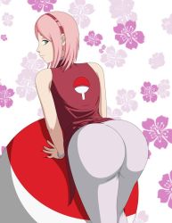 Rule 34 | 1girl, ass, bare shoulders, elmonais, from behind, green eyes, hairband, haruno sakura, huge ass, leaning, leaning forward, looking back, naruto, naruto (series), naughty face, pants, pink hair, short hair, smile, solo, thick thighs, thighs, wide hips