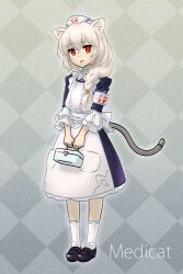 Rule 34 | 1girl, animal ears, apron, argyle, argyle background, armband, black dress, black footwear, blush, box, braid, braided ponytail, cat ears, cat girl, cat tail, closed mouth, dress, first aid kit, frilled sleeves, frills, full body, grey background, hair over shoulder, hat, holding, holding box, kneehighs, loafers, long hair, looking at viewer, magari (c0rn3r), mass production nora cat, mechanical tail, nora cat channel, nurse, nurse cap, outline, red eyes, shoes, sleeves past elbows, smile, socks, solo, standing, tail, v arms, white apron, white armband, white hair, white outline, white socks