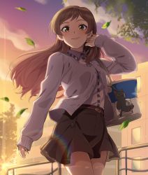 Rule 34 | 1girl, bag, belt, black skirt, brown belt, brown eyes, brown hair, building, cardigan, carrying, closed mouth, cloud, cloudy sky, collared shirt, commentary, gradient sky, grey cardigan, hand in own hair, handbag, idolmaster, idolmaster million live!, kamille (vcx68), kitazawa shiho, leaf, long hair, long sleeves, looking at viewer, miniskirt, orange sky, outdoors, purple sky, railing, shirt, skirt, sky, smile, solo, standing, stuffed animal, stuffed cat, stuffed toy, swept bangs, tree, twilight, white shirt, wind