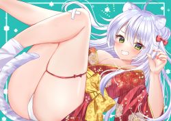 Rule 34 | 1girl, ahoge, animal ears, ass, bandaid, bandaid on knee, bandaid on leg, breasts, commentary request, feet out of frame, floral print, green background, green eyes, grin, hair between eyes, hamico, highres, japanese clothes, kimono, long hair, looking at viewer, lying, medium breasts, nail polish, on back, original, panties, print kimono, red kimono, smile, solo, tail, teeth, thigh strap, thighs, underwear, white hair, white panties