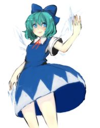 Rule 34 | 1girl, aqua hair, blue bow, blue dress, blue eyes, bow, cirno, dress, fairy, hair bow, hand up, highres, ice, ice wings, legs, lips, looking to the side, magic, minorinashi, simple background, smile, solo, touhou, white background, wings
