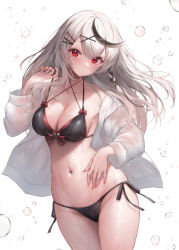 Rule 34 | 1girl, absurdres, bikini, black bikini, black hair, blush, bow, braid, breasts, cleavage, closed mouth, grey hair, hair ornament, hairclip, hand up, highres, hololive, ijac ray, jacket, long hair, long sleeves, looking at viewer, medium breasts, multicolored hair, nail polish, navel, open clothes, open jacket, red bow, red eyes, red nails, sakamata chloe, shirt, side-tie bikini bottom, solo, stomach, strap lift, streaked hair, swimsuit, thighhighs, virtual youtuber, wet, white background, white shirt, x hair ornament