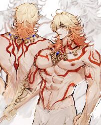 1boy abs back_tattoo bara chest_tattoo earrings gold_earrings gold_necklace highres honkai:_star_rail honkai_(series) jewelry kinzlev male_focus multiple_views muscular muscular_male mydei_(honkai:_star_rail) necklace orange_eyes orange_hair red_tattoo tattoo towel_around_waist