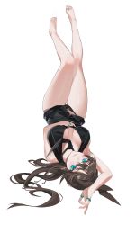 Rule 34 | 1girl, absurdres, alternate costume, amiya (arknights), animal ears, aqua eyes, arknights, arm up, armpits, bare legs, barefoot, black dress, breasts, brown hair, cleavage, closed mouth, clothes lift, dress, dress lift, full body, hands on own stomach, highres, jewelry, large breasts, legs up, long hair, looking at viewer, lying, multiple rings, on back, qingtiana, rabbit ears, ring, simple background, sleeveless, sleeveless dress, smile, thigh gap, upside-down, upskirt, white background