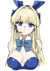 Rule 34 | 1girl, animal ear hairband, animal ears, armpit crease, bare shoulders, blonde hair, blue archive, blue bow, blue eyes, blue hair, blue leotard, blush, bow, breasts, breasts apart, closed mouth, cropped torso, detached collar, fake animal ears, hair intakes, hairband, headset, highres, leotard, loah 66, long hair, no halo, rabbit ears, simple background, solo, toki (blue archive), toki (bunny) (blue archive), white background