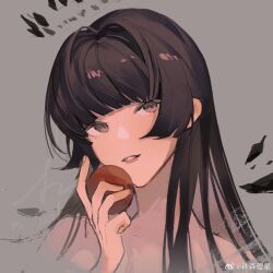 Rule 34 | 1girl, ahoge, apple, arknights, artist name, black halo, black wings, blunt bangs, broken halo, brown hair, chinese commentary, chinese text, close-up, commentary request, completely nude, cropped shoulders, dark halo, detached wings, energy wings, facing viewer, fingernails, food, fruit, grey background, grey eyes, halo, hand up, head tilt, highres, hime cut, holding, holding food, holding fruit, light smile, lips, long hair, looking afar, looking at viewer, looking to the side, looking up, nude, parted lips, portrait, shadow, sidelocks, simple background, solo, teeth, virtuosa (arknights), watermark, weibo 6581782462, weibo logo, weibo watermark, wings