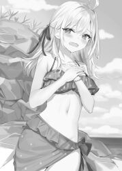 Rule 34 | 1girl, absurdres, ahoge, alisa mikhailovna kujou, beach, bikini, blush, bracelet, cloud, cloudy sky, collarbone, commentary request, crossed bangs, day, embarrassed, frilled bikini, frills, greyscale, hair ornament, hair over shoulder, hair ribbon, half-closed eyes, hands on own chest, head tilt, highres, jewelry, legs together, long hair, looking at viewer, momoko (momopoco), monochrome, navel, ocean, open mouth, outdoors, own hands together, parted bangs, polka dot, polka dot bikini, ribbon, rock, side-tie bikini bottom, sidelocks, sky, solo, swimsuit, tearing up, tears, tokidoki bosotto roshia-go de dereru tonari no arya-san, water