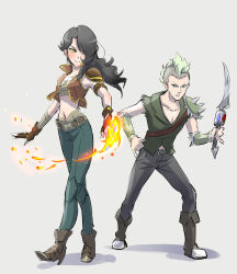 Rule 34 | 1boy, 1girl, armband, armor, black hair, blue eyes, boots, breasts, cinder fall, cleavage, cropped jacket, fire, full body, gloves, green hair, hair over one eye, highres, iesupa, mohawk, navel, one eye covered, pants, russel thrush, rwby, sarashi, shirt, shoulder armor, yellow eyes