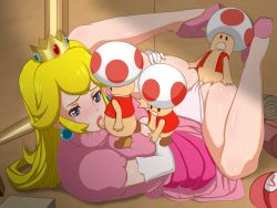 Rule 34 | 1girl, 3boys, artist request, blonde hair, blue eyes, blush, breasts, censored, cleavage cutout, clothing aside, clothing cutout, crown, dress, earrings, elbow gloves, fellatio, gloves, group sex, interspecies, jewelry, lipstick, lying, makeup, mario (series), medium breasts, mini crown, missionary, mosaic censoring, multiple boys, nintendo, on back, on floor, oral, paizuri, paizuri under clothes, panties, panties aside, penis, pink dress, pink lips, princess, princess peach, puffy short sleeves, puffy sleeves, pussy, sex, short sleeves, size difference, spread legs, straddling, straddling paizuri, super mario bros. 1, sweat, toad (mario), underwear, vaginal, white gloves, white panties