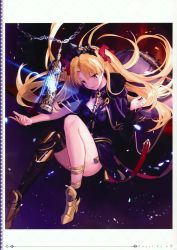Rule 34 | 1girl, absurdres, ankle boots, anklet, artist name, bare legs, birdcage, black dress, black thighhighs, blonde hair, blush, boots, border, breasts, cage, cape, chain, cleavage, closed mouth, dark background, detached sleeves, dress, ereshkigal (fate), ereshkigal (third ascension) (fate), fate/grand order, fate (series), full body, fur-trimmed cape, fur trim, glowing, hair ribbon, highres, jewelry, lens flare, long hair, long sleeves, looking at viewer, page number, parted bangs, petals, red eyes, red ribbon, ribbon, scan, short dress, single detached sleeve, single thighhigh, skirt, skull, small breasts, smile, solo, spine, tassel, thighhighs, thighs, tiara, tohsaka rin, twintails, two side up, u jie, very long hair, white border, yellow footwear