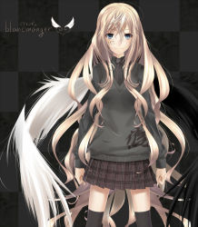 Rule 34 | 1girl, arms at sides, asymmetrical wings, bad id, bad pixiv id, black necktie, black thighhighs, blonde hair, blue eyes, body writing, checkered background, clothes writing, collared shirt, female focus, hair between eyes, highres, legs apart, long hair, messy hair, miniskirt, mismatched wings, necktie, nil, original, shirt, skirt, smile, solo, standing, thighhighs, wings