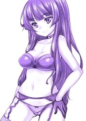 Rule 34 | 1girl, blunt bangs, bow, bow bra, bow panties, bra, breasts, choker, cleavage, closed mouth, cowboy shot, cross, garter belt, gloves, hand on own hip, hime cut, long hair, looking at viewer, medium breasts, monochrome, original, panties, purple theme, shiromitsu suzaku, solo, standing, strapless, strapless bra, thighhighs, underwear